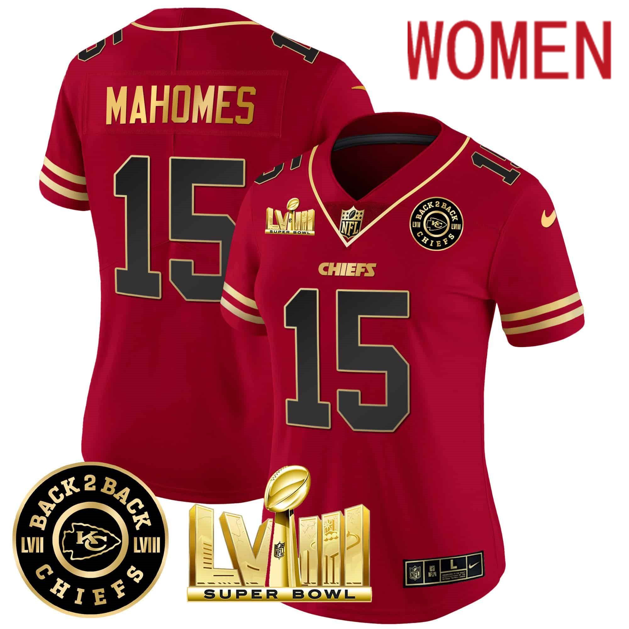 Women Kansas City Chiefs #15 Mahomes Red 2024 Nike Super Bowl LVIII & Back-2-Back Patch Vapor NFL Jersey style 1
